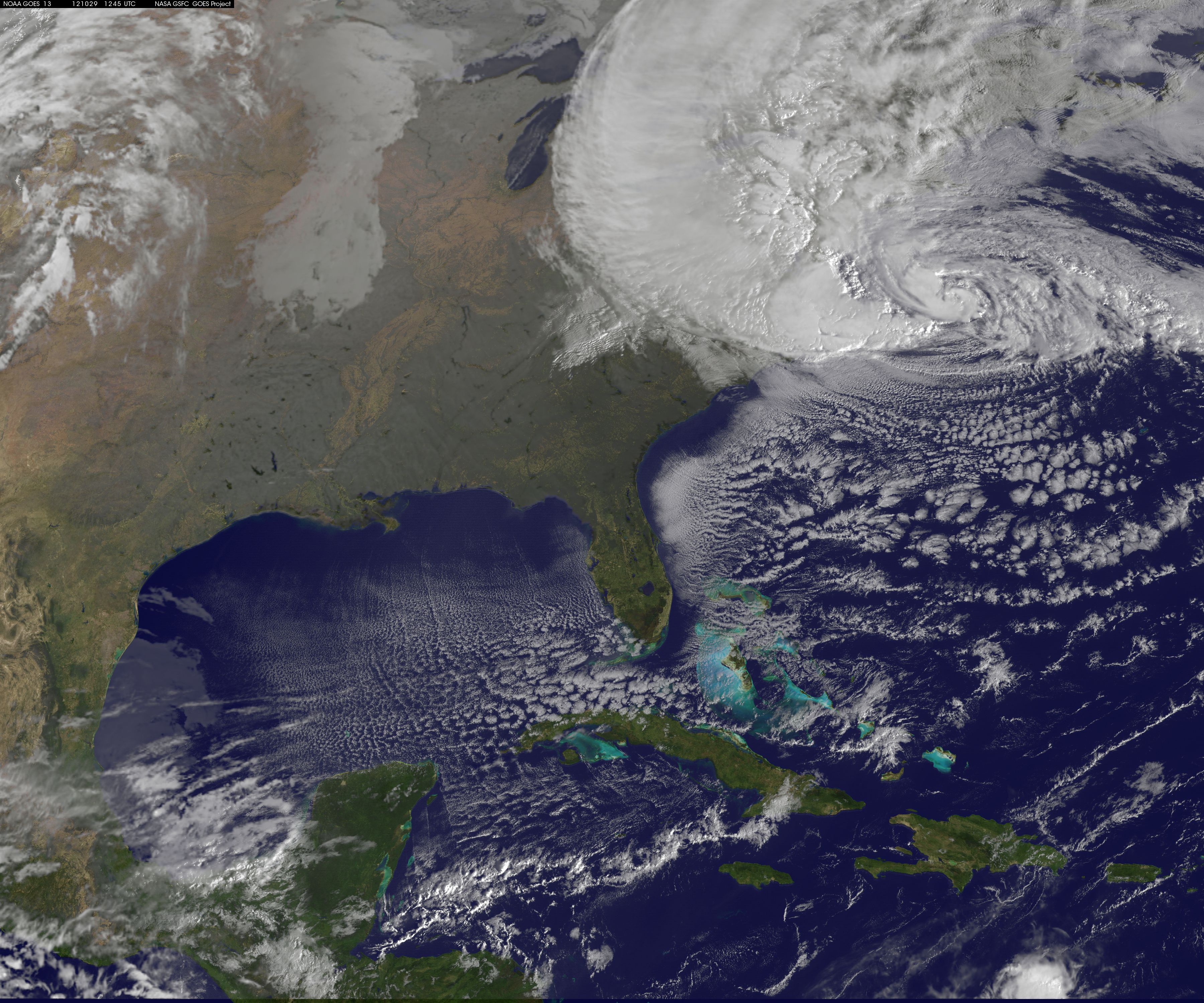 Satellite view of Hurricane Sandy on October 29, 2012